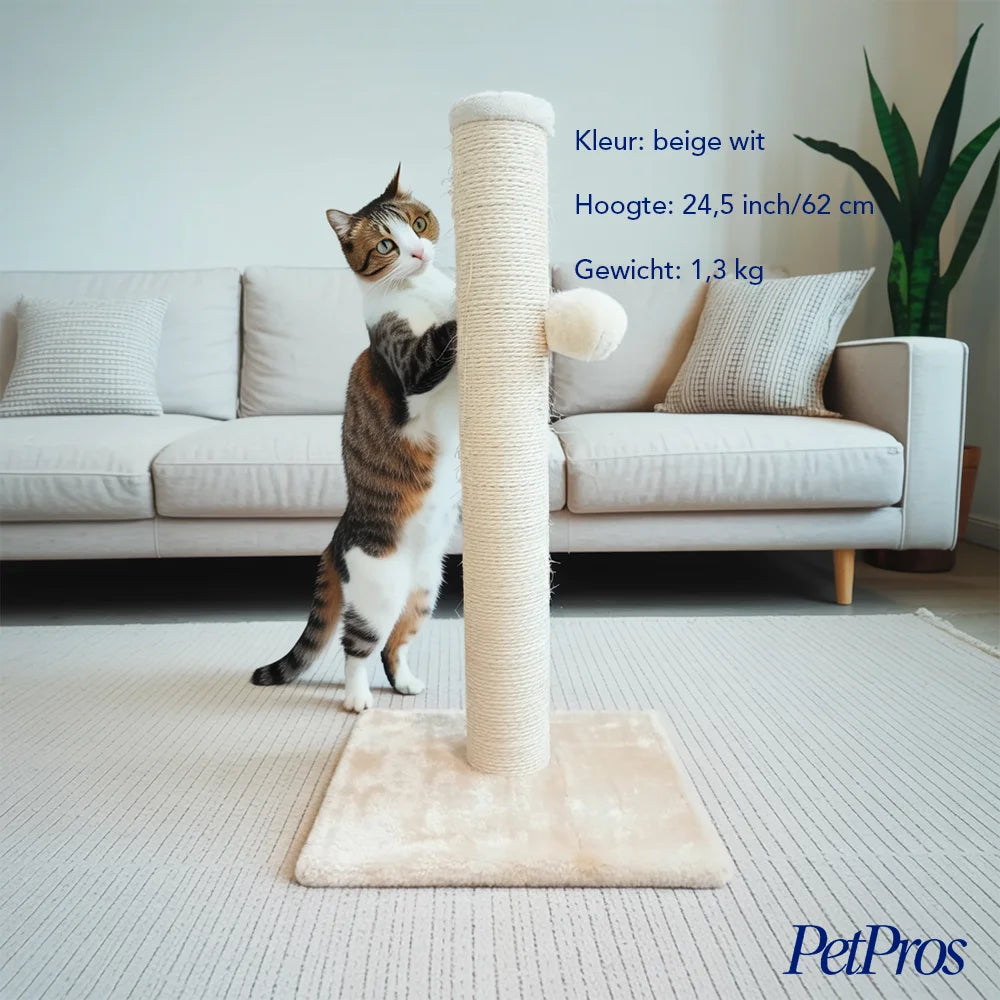 Krabpaal – Beige | Sisal & Fluweel – 62 cm met Speelballetje | PetPros
