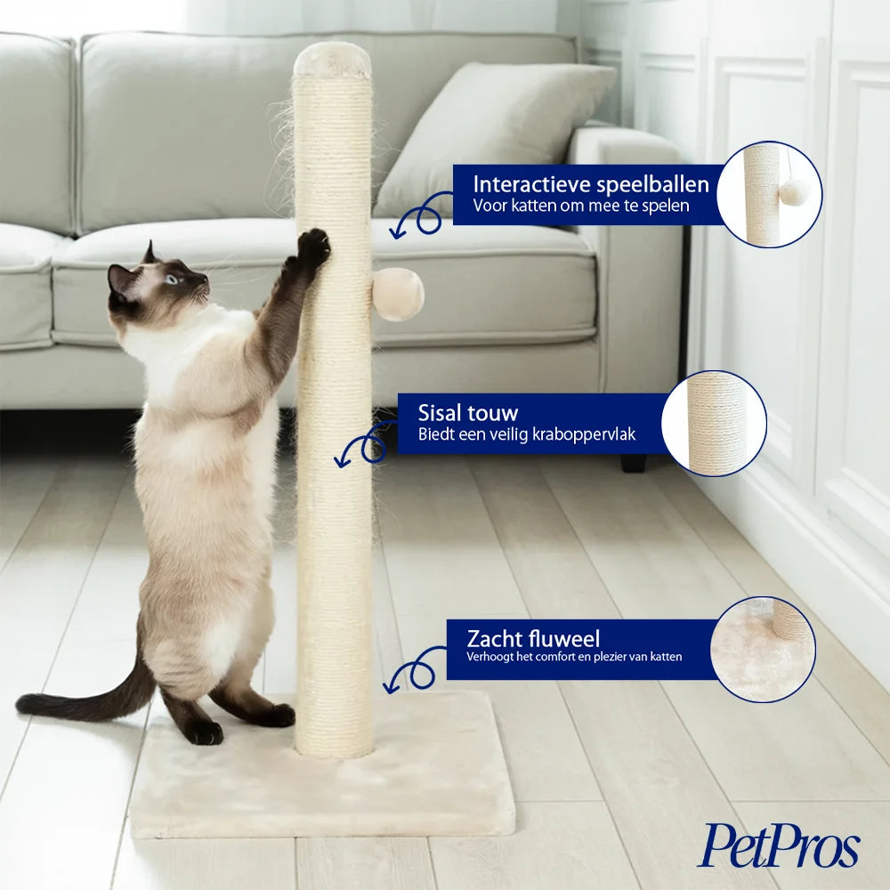 Krabpaal – Beige | Sisal & Fluweel – 62 cm met Speelballetje | PetPros